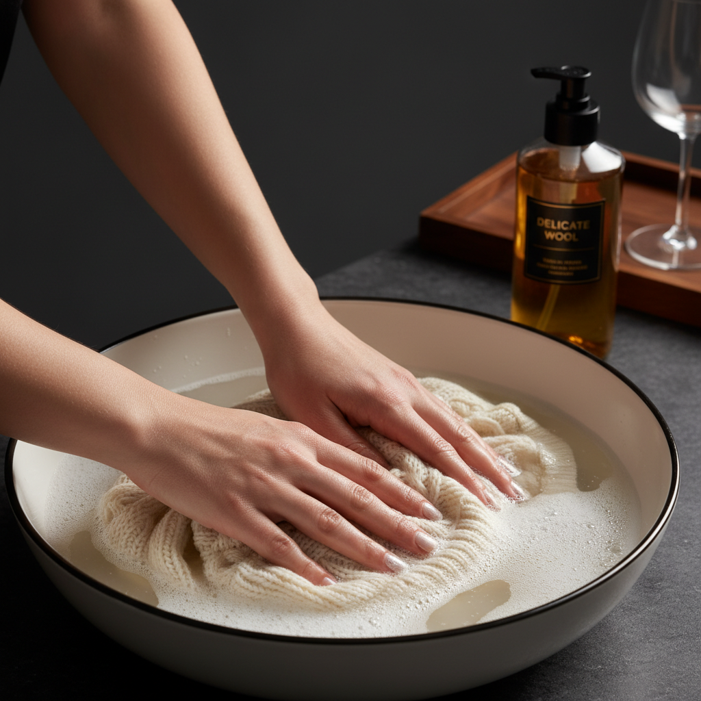 Nahaufnahme von weicher Wolle und Waschutensilien